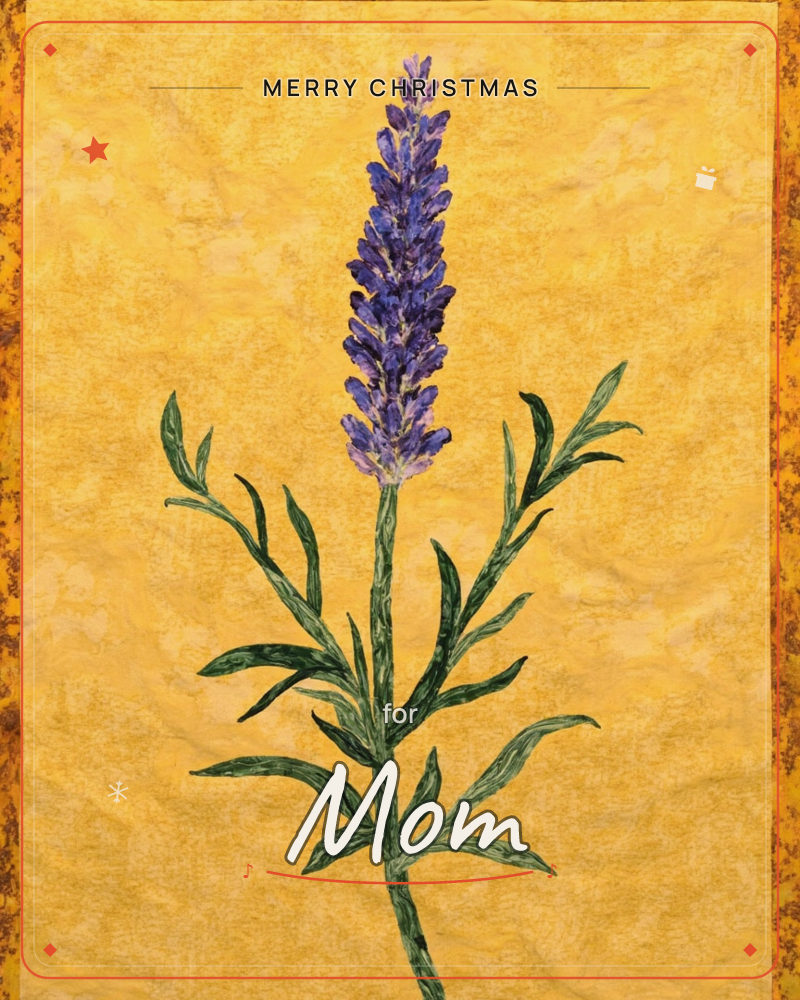 A single lavender stem stands tall against a mottled golden-yellow background, its spiky purple bloom rising above slender green leaves, a christmas e-card design