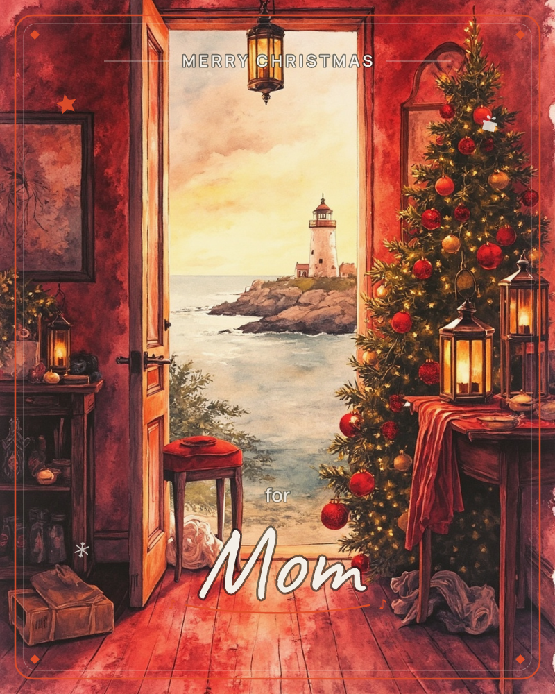 An open door on a warm red interior frames a coastal view: a lighthouse on a rocky point beyond a golden-lit sea and sky at dusk, a christmas e-card design