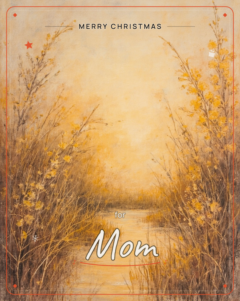 A golden-lit river winds toward a glowing horizon, framed on both banks by tall wildflower branches in amber and ochre, a christmas e-card design