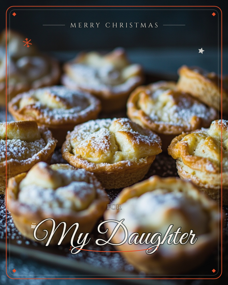 A close-up photograph of freshly baked pastry tarts, dusted with icing sugar, arranged closely together on a dark baking tray, a christmas e-card design