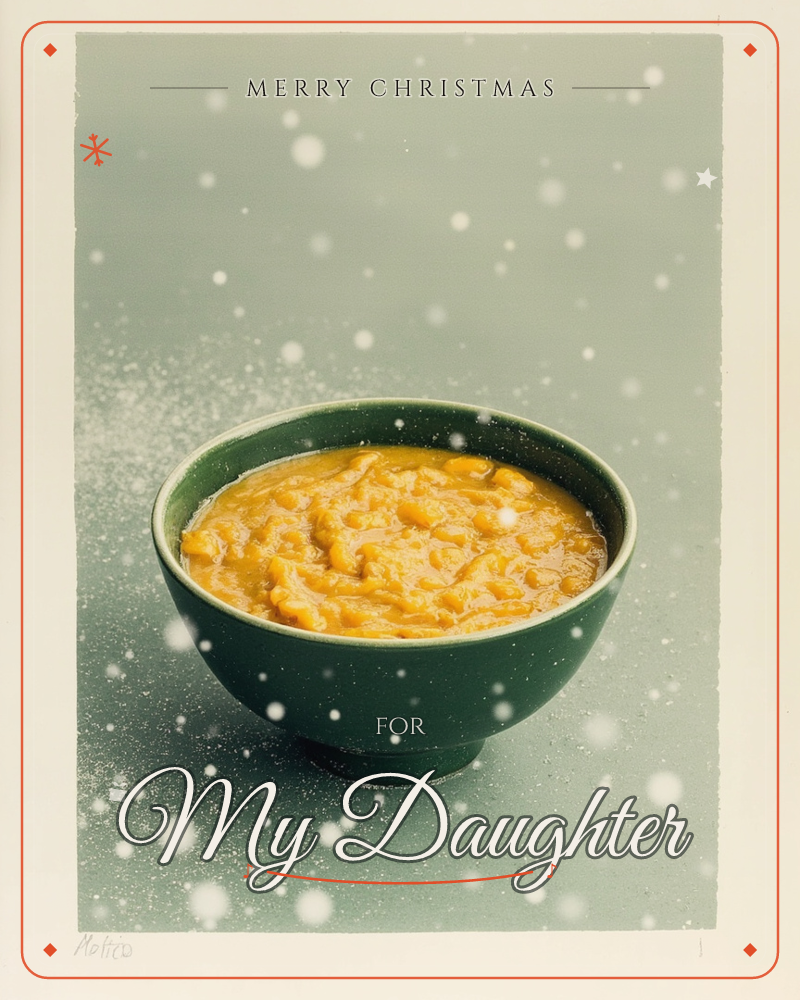 A deep green bowl of golden soup or porridge sits centre stage on a soft grey-green surface, surrounded by a swirl of falling white flecks like snow or…, a christmas e-card design