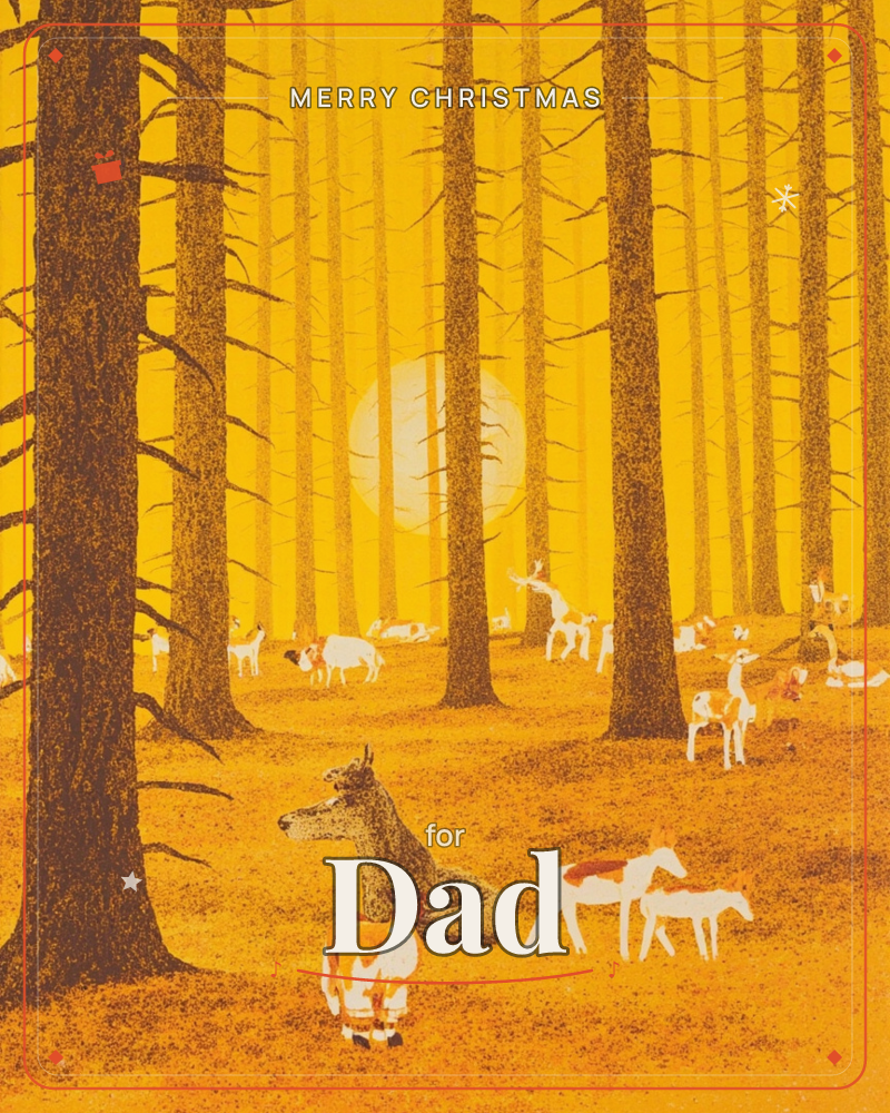 A glowing amber forest is filled with tall bare-trunked trees, a pale sun hanging low between them, and a scattered herd of deer and small horses…, a christmas e-card design