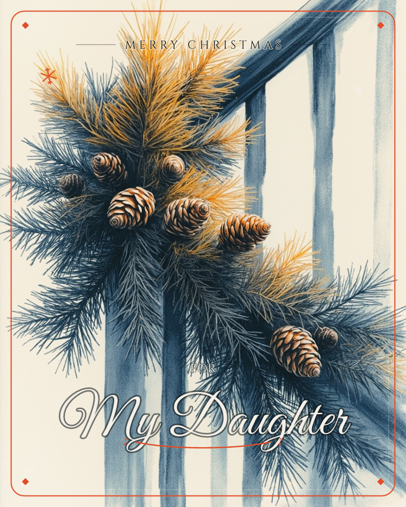 A watercolour study of pine boughs draped over a wooden stair railing, needles rendered in deep indigo-blue with amber-gold tips catching unseen light, a christmas e-card design