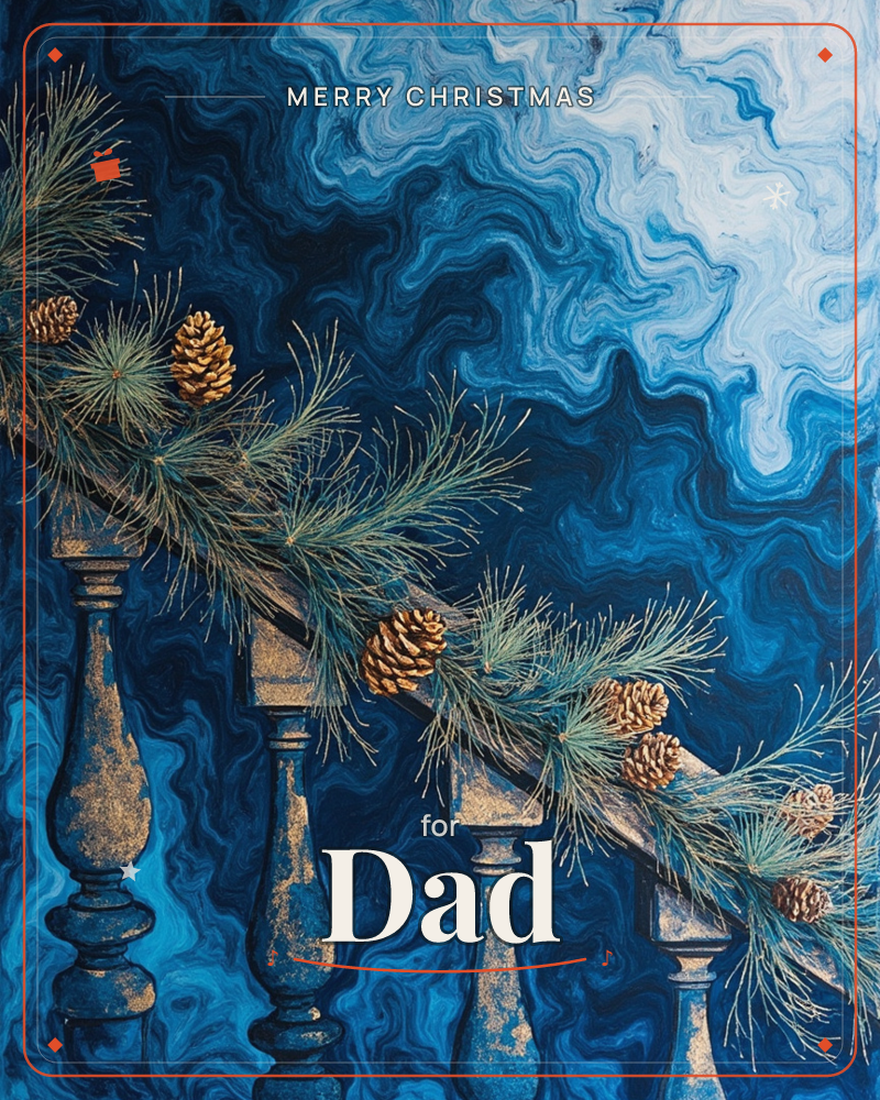 A pine bough studded with golden pinecones drapes across a row of weathered stone balusters, set against a swirling marbled backdrop of deep indigo and…, a christmas e-card design