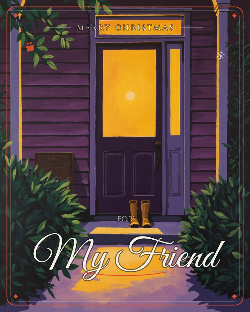 A front door glows amber from within, its glass panels lit like a lantern against deep purple clapboard siding, a christmas e-card design