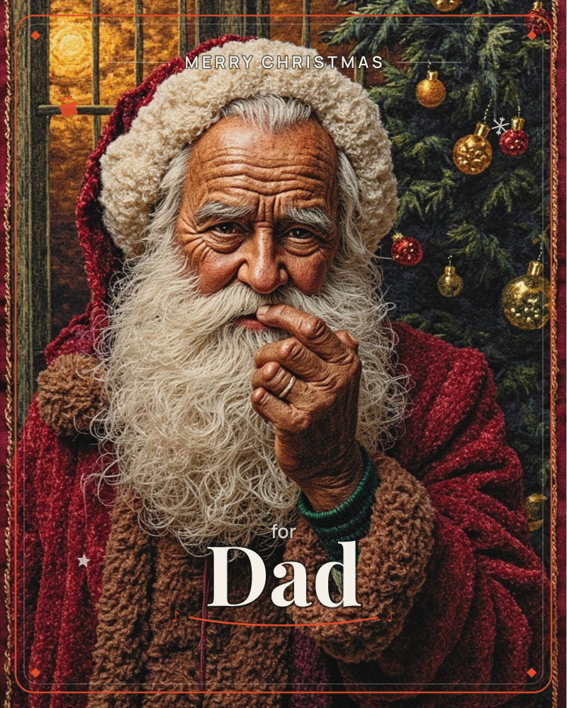 A weathered, richly detailed Santa stands beside a glowing Christmas tree strung with gold and red baubles, one finger pressed to his lips in a hushed…, a christmas e-card design