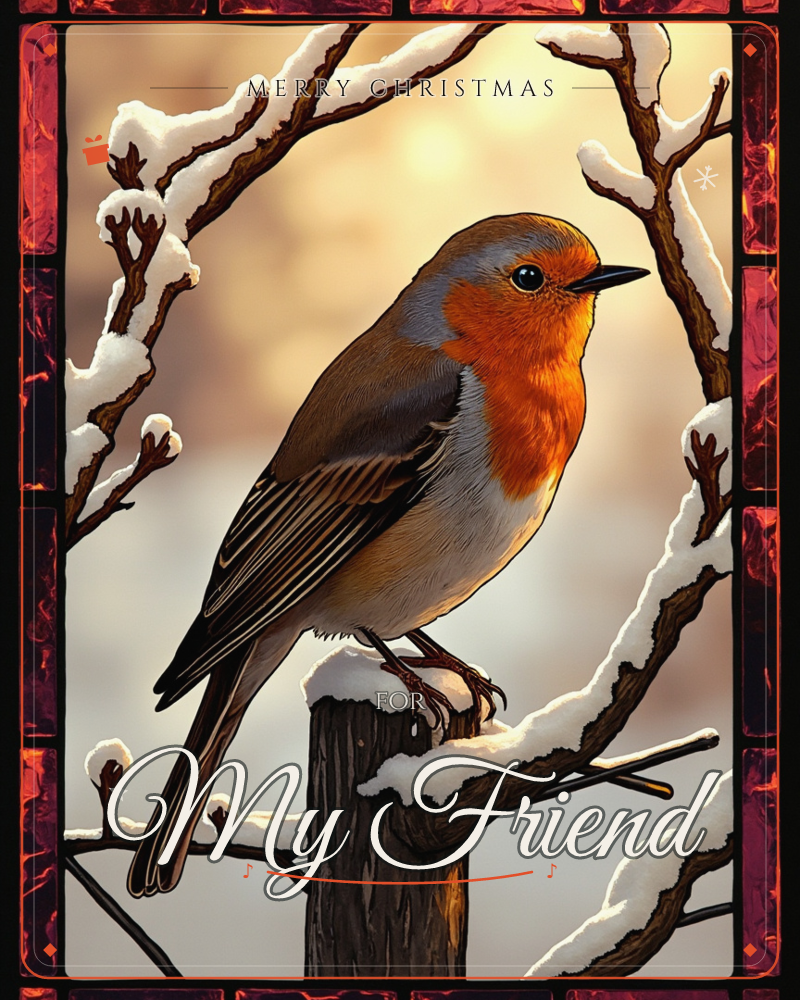 A robin with a bright orange breast perches on a snow-capped wooden post, framed by an arch of frosted, snow-dusted branches, a christmas e-card design