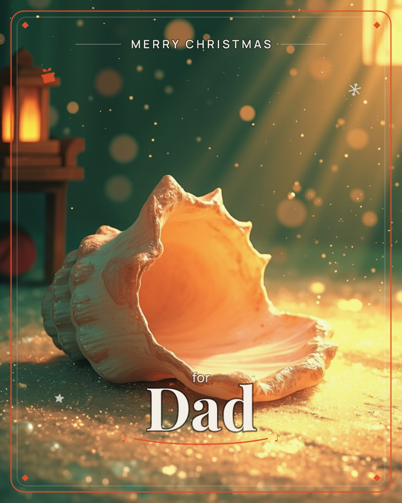 A large conch shell rests on a glittering surface, its curved opening glowing amber as if lit from within, a christmas e-card design