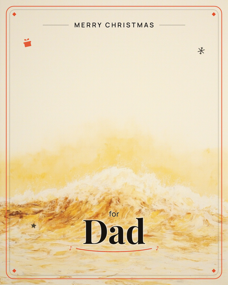 A single wave crests and breaks in golden light, its foam catching a warm amber glow that bleeds upward into a hazy, sunlit sky, a christmas e-card design