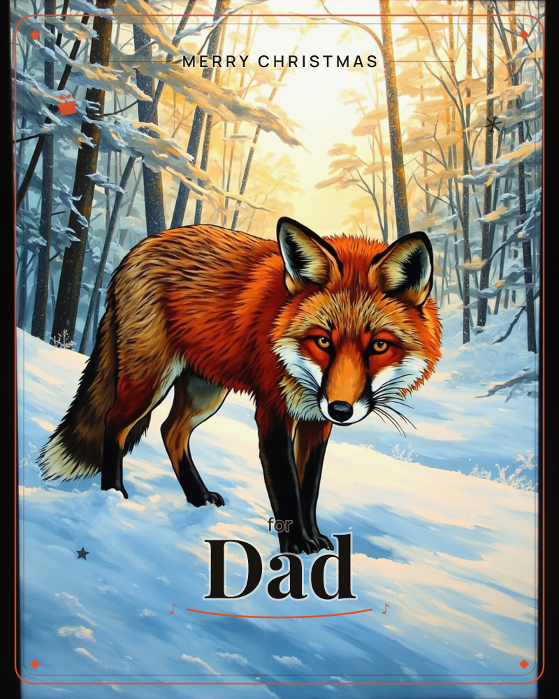 A red fox stands alert in a snow-covered forest, its russet coat and black-tipped legs bright against the drifted white ground, a christmas e-card design