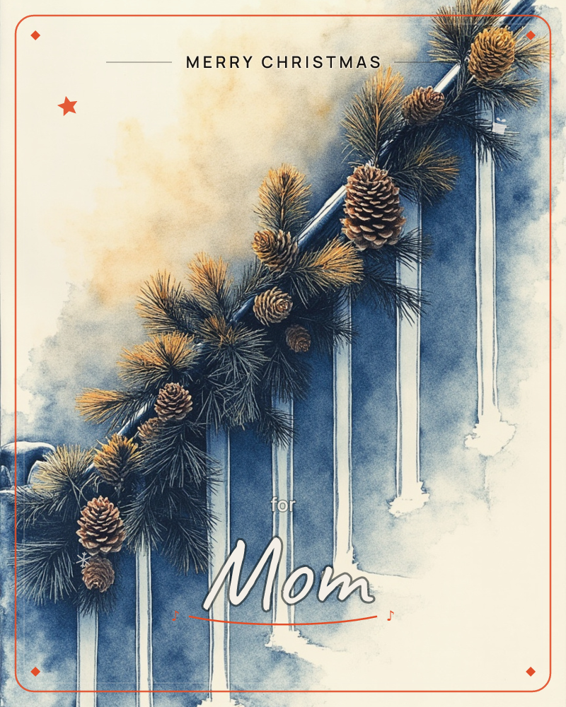 A painted stairway railing climbs diagonally across the page, draped with a garland of pine boughs and clustered pinecones, a christmas e-card design