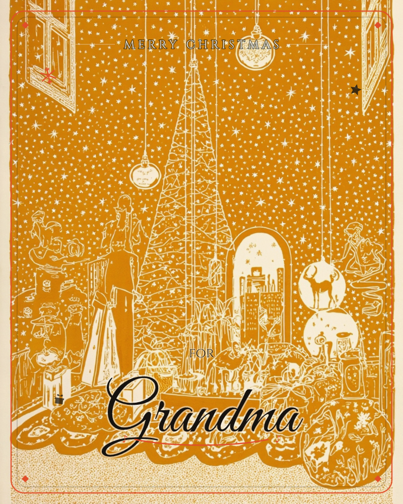 A single-colour print in warm amber shows a towering, spindly Christmas tree rising past shop windows, framed by hanging baubles and a sky scattered…, a christmas e-card design