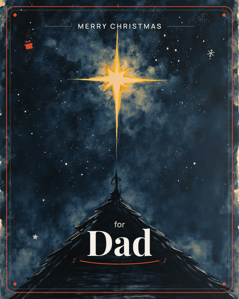 A radiant golden star pierces a deep midnight-blue sky scattered with soft white flecks, its light beaming straight down onto a silhouetted peaked…, a christmas e-card design