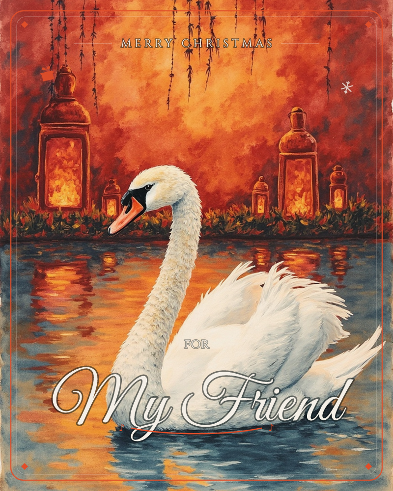 A white swan glides across dark water, its feathers glowing amber from a row of lit lanterns along the far bank, a christmas e-card design
