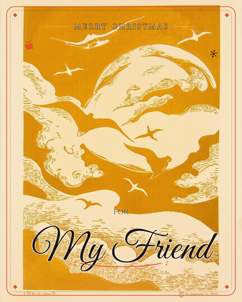 A bold woodcut-style print shows birds gliding through a swirling sky of amber clouds, their shapes cut sharp against the burnt-gold background, a christmas e-card design