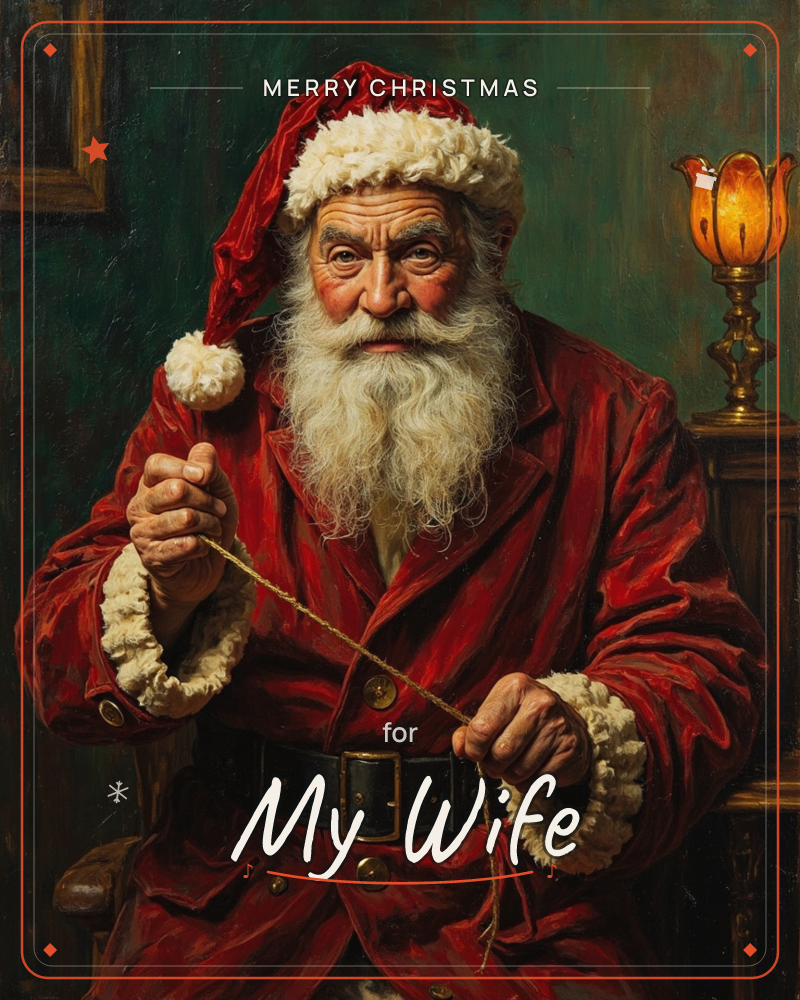 An old-master style portrait shows a weathered Santa in a deep red coat trimmed with fur, seated in lamplight against a dark green wall, absorbed in…, a christmas e-card design