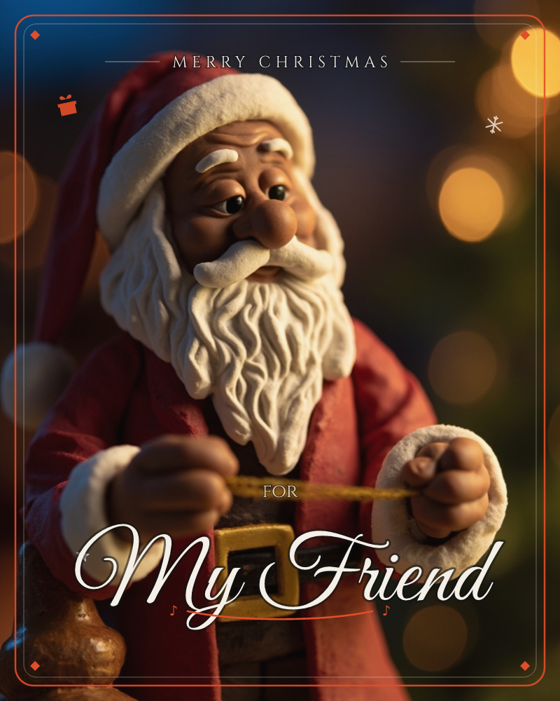 A carved wooden Santa figure fills the frame, his weathered face warm with a gentle smile beneath a full white beard and red-and-white cap, a christmas e-card design