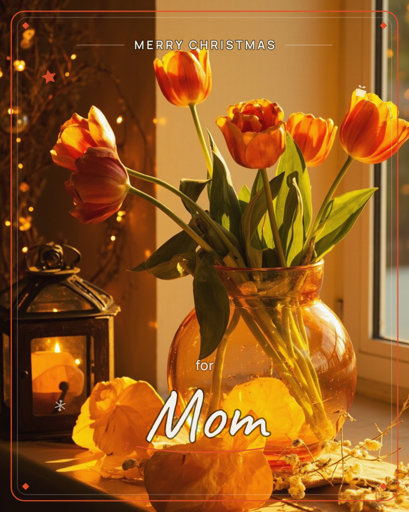 A round glass vase of orange-red tulips sits on a windowsill, glowing in warm evening light beside a small lit lantern, a christmas e-card design