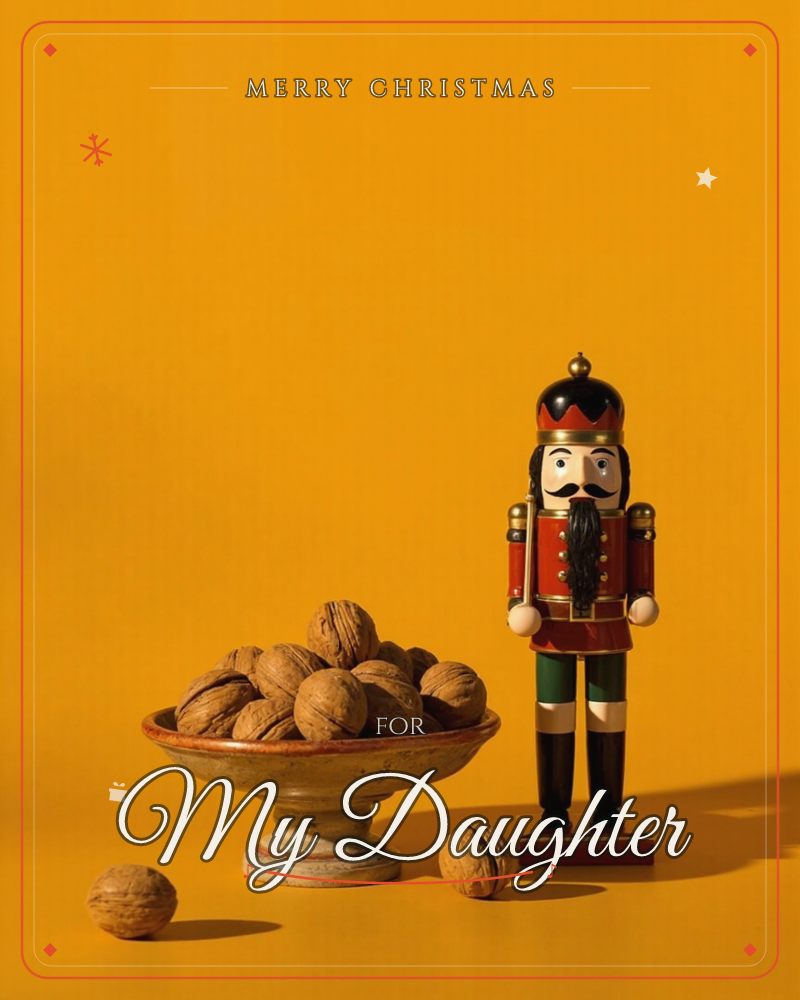 A traditional red and green nutcracker soldier stands beside a shallow pedestal bowl heaped with whole walnuts, a couple of loose walnuts scattered on…, a christmas e-card design