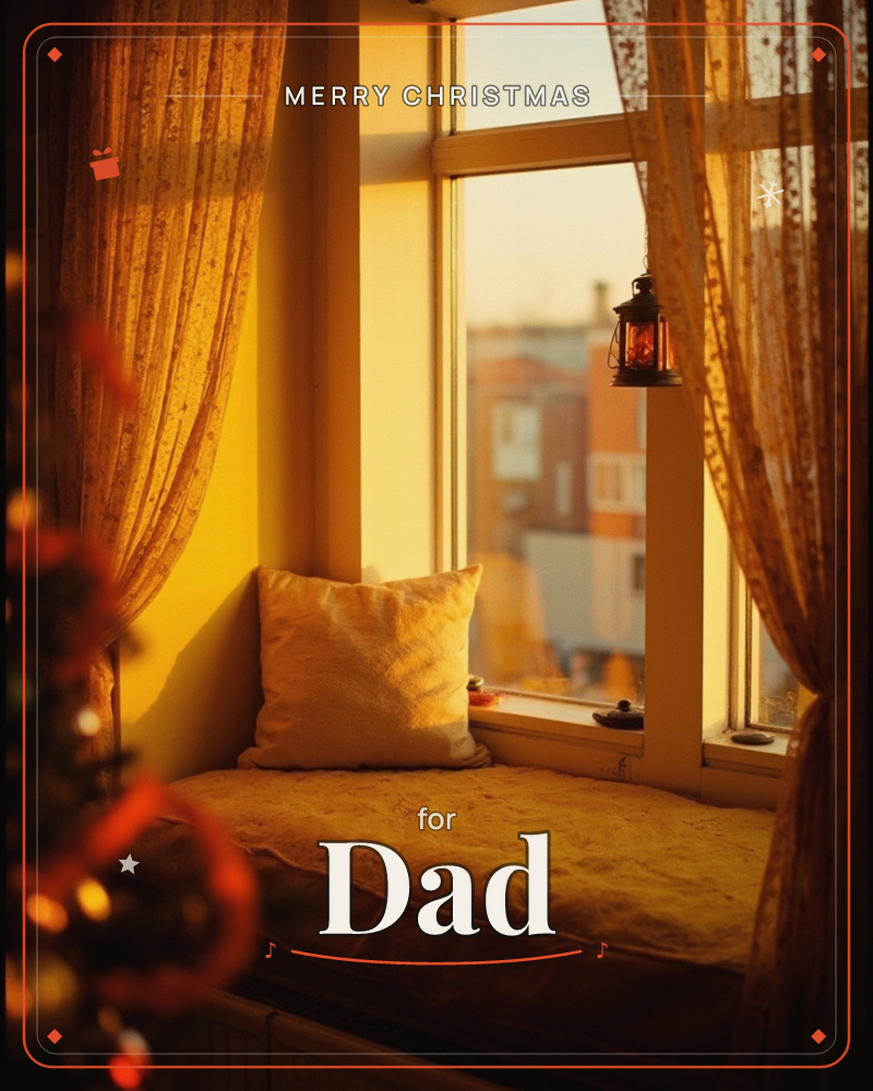 A cushioned window seat glows amber in late sunlight, framed by sheer curtains and a small hanging lantern catching the last rays, a christmas e-card design