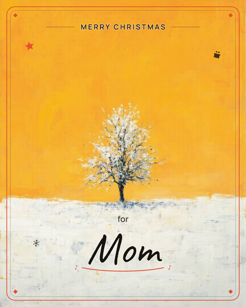 A single bare-branched tree, dabbed in white and dark blue blossom, stands alone on a rough field of white paint, a christmas e-card design
