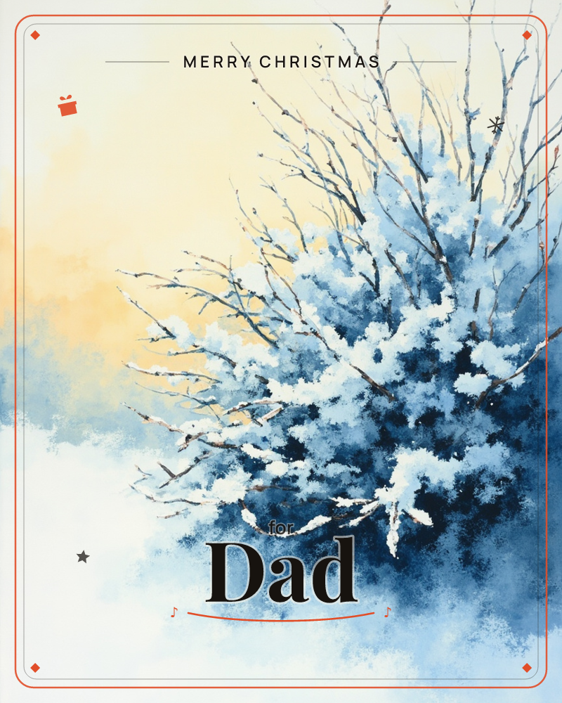 A snow-laden shrub spreads its bare branches against a soft winter sky, the deep blue foliage capped with thick white snow, a christmas e-card design