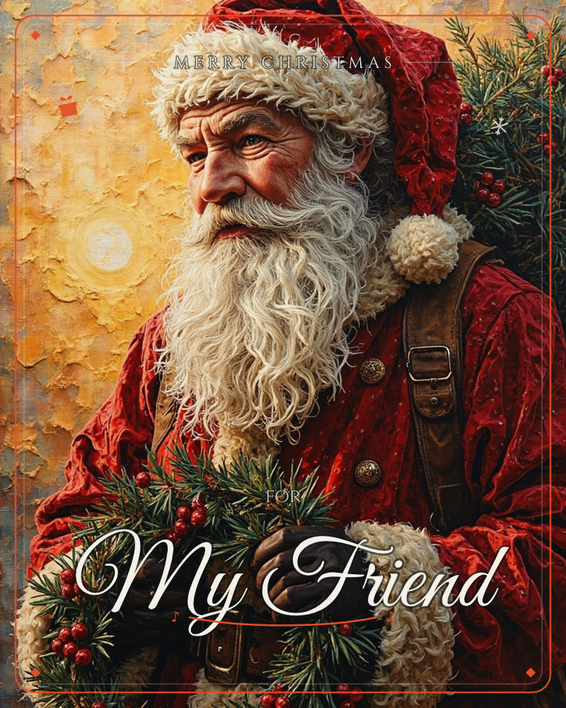 A weathered Santa figure stands in profile against a glowing golden-textured background, his thick white beard and fur-trimmed red coat rendered in…, a christmas e-card design
