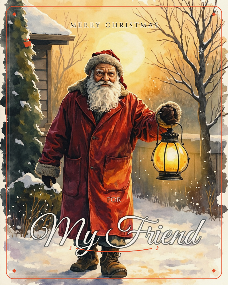 A weathered old man in a fur-trimmed red coat walks through a snowy yard at dusk, carrying a glowing lantern in his gloved hand, a christmas e-card design