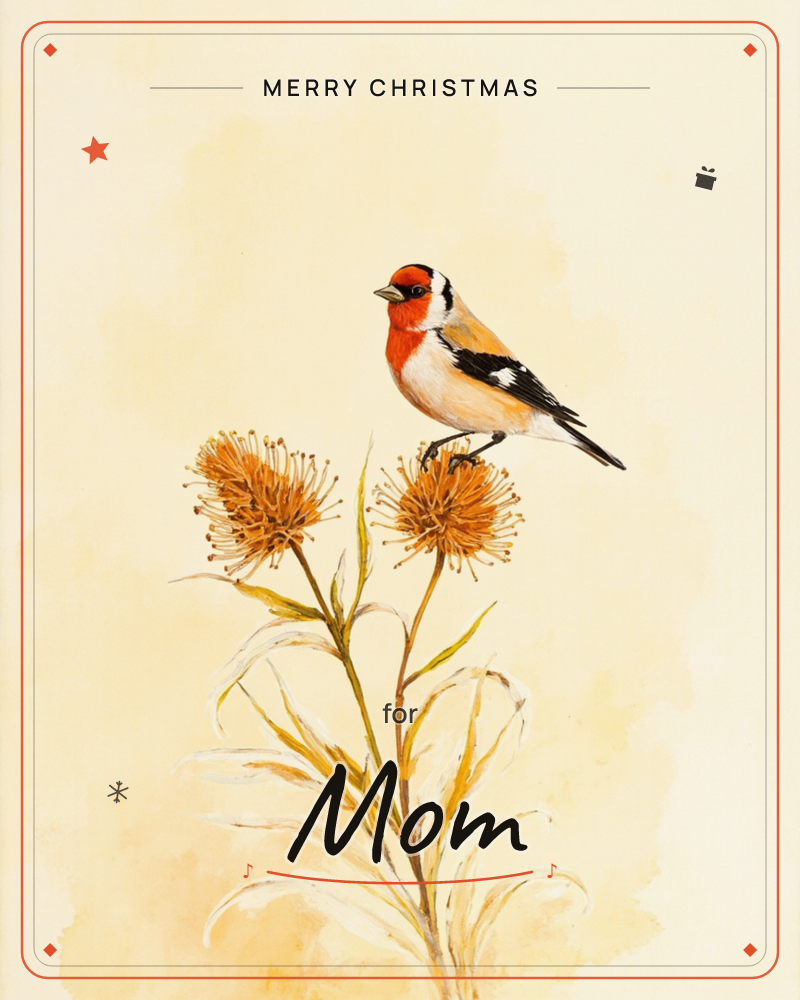 A goldfinch with a bright red face and black-and-white wings perches on the stem of two spent thistle-like flowers, their spiky seed heads gone…, a christmas e-card design
