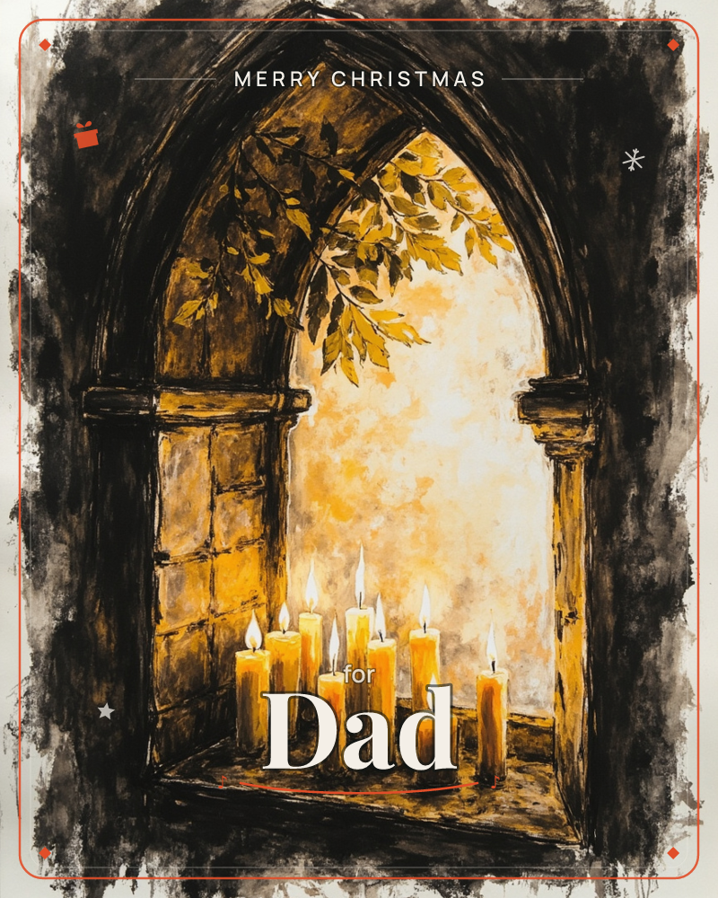 A cluster of lit candles glows within a stone Gothic archway, their flames casting warm amber light against darkened, weathered walls, a christmas e-card design