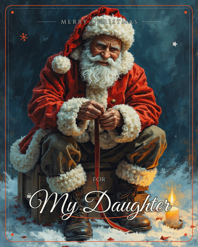 Santa sits on a weathered wooden crate against a deep teal background, hands wrapped around a worn red leather strap as if pausing mid-task, a christmas e-card design