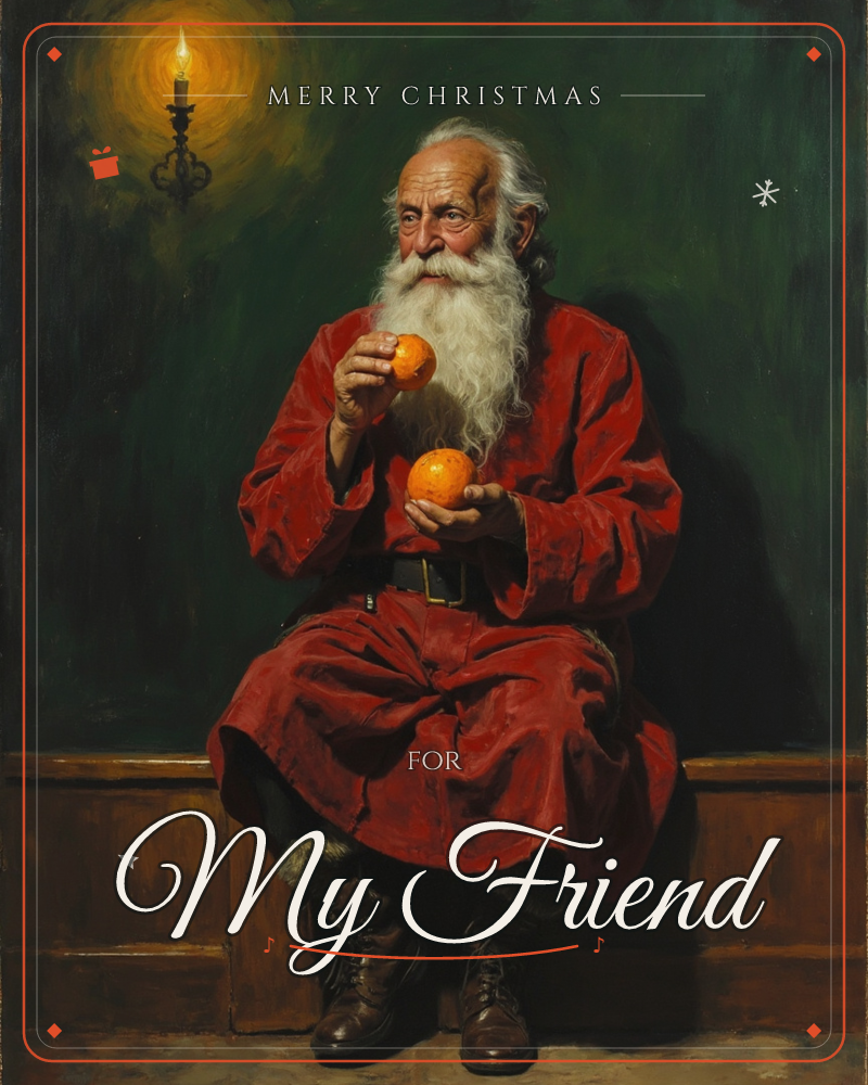 An old man with a long white beard sits on a wooden bench in a dim green-walled room, dressed in a heavy red robe and worn boots, holding two oranges…, a christmas e-card design