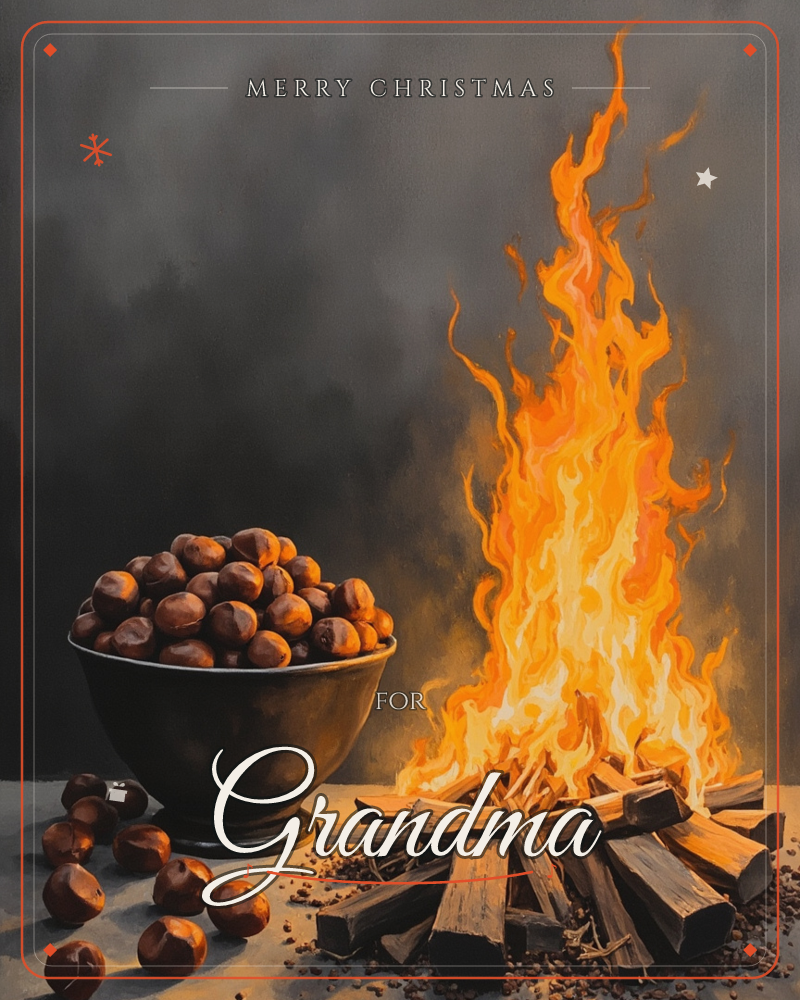 A tall bonfire of stacked kindling blazes beside a dark bowl heaped with glossy chestnuts, a few having tumbled loose onto the ground, a christmas e-card design