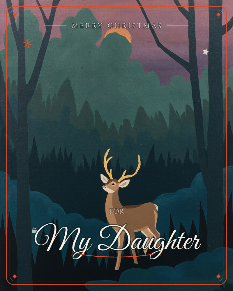 A stag with tall golden antlers stands alert in a darkened forest, its coat catching a warm glow while dusky trees and jagged treetops fade into a…, a christmas e-card design