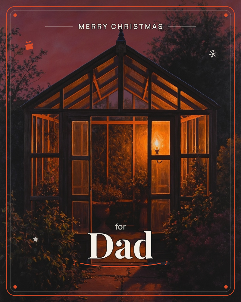 A glass greenhouse glows amber against a deep dusky-red sky, its door left invitingly ajar, a christmas e-card design