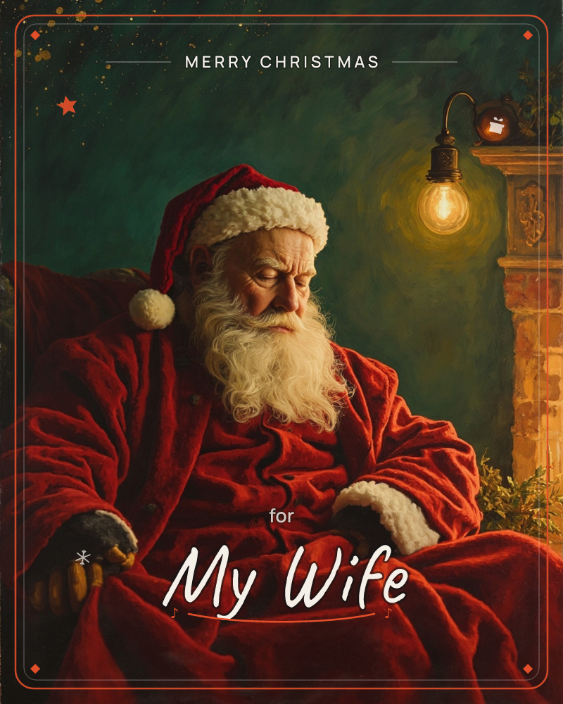 Santa sits deep in a red velvet chair beside a stone mantel, eyes closed as if resting mid-journey, one bulb glowing warm against a dark teal, starlit…, a christmas e-card design
