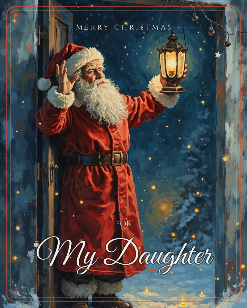Santa stands framed in an open doorway, raising a lantern high while lifting his other hand in a gentle wave, a christmas e-card design