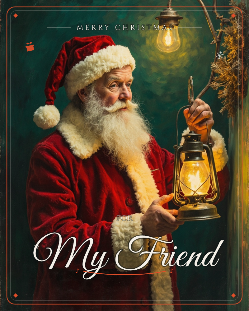 A white-bearded man in a red velvet coat and fur-trimmed cap stands in a shadowy green room, holding up an old brass lantern to light his way, a christmas e-card design