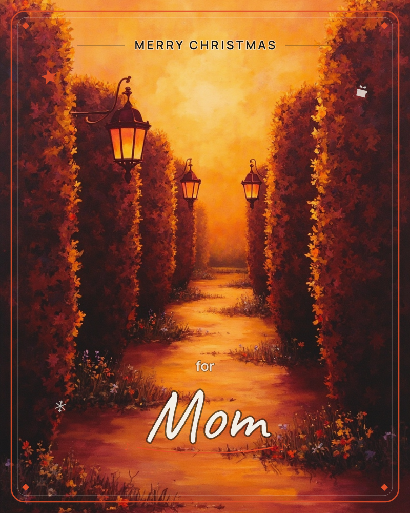 A narrow garden path glows beneath a golden autumn sky, framed by tall hedges thick with rust-orange leaves, a christmas e-card design