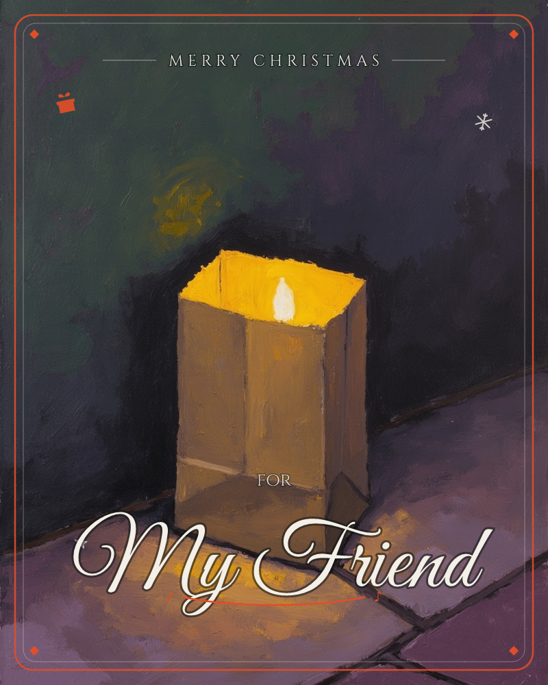 A single paper bag luminary sits on a stone path at night, its open top glowing amber from a candle inside, a christmas e-card design