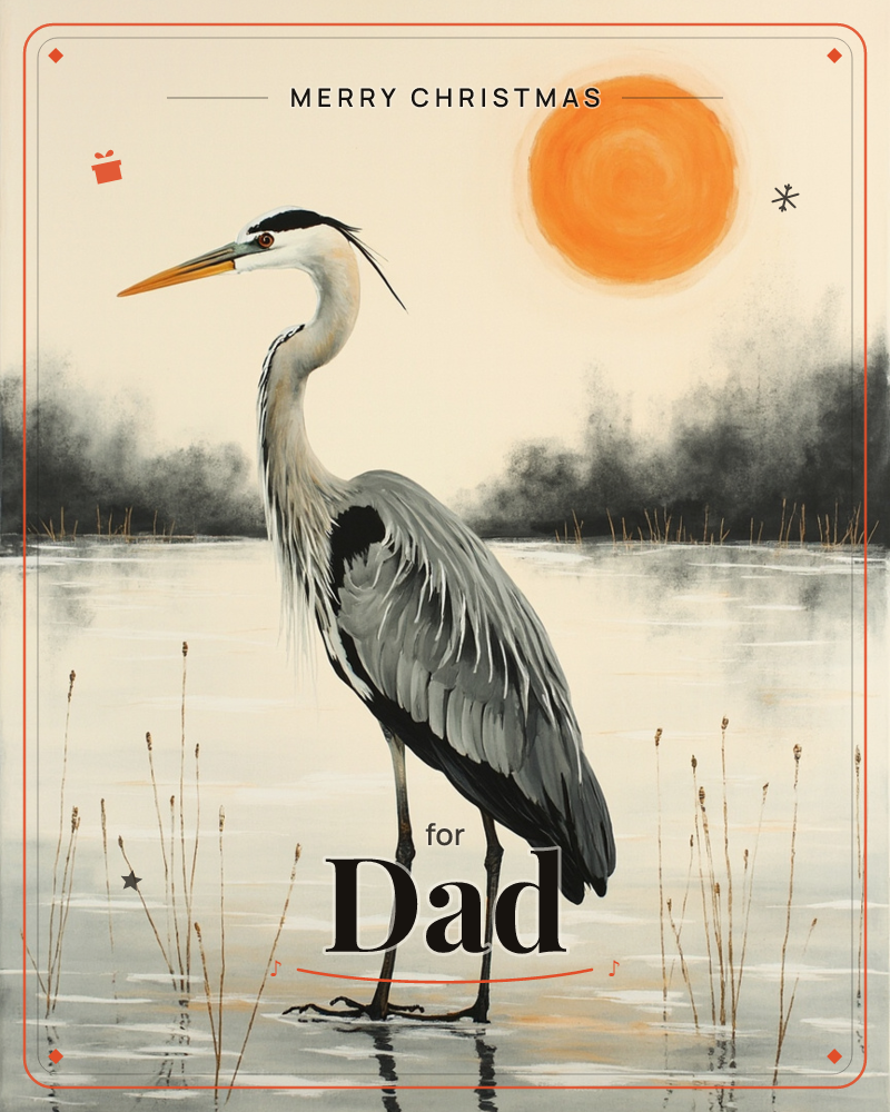 A great heron stands poised in shallow marsh water, its long neck curved and beak pointed toward a bold orange sun hanging low in a pale cream sky, a christmas e-card design
