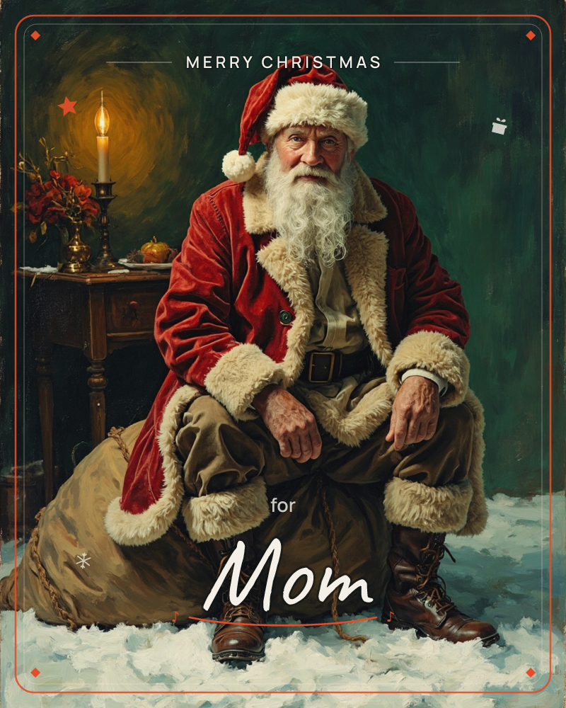 An oil-painted Santa sits resting on his own overstuffed sack, elbows on his knees, gazing out with a warm, tired smile, a christmas e-card design