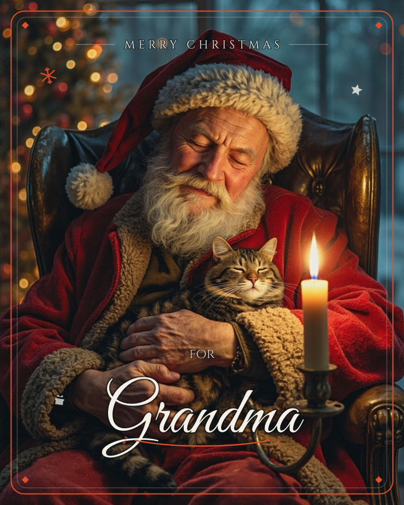 A man dressed as Santa dozes in a leather armchair, a tabby cat curled and dozing on his chest wrapped in a soft blanket, a christmas e-card design