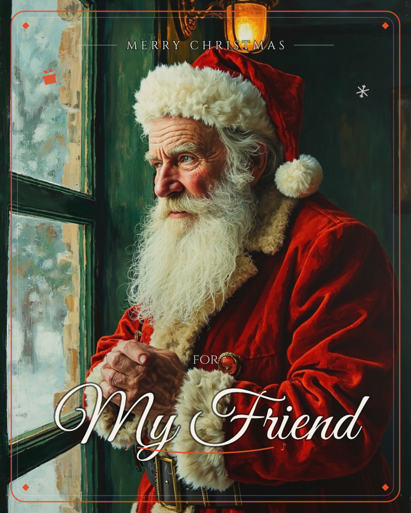 An older man in a red velvet Santa coat and fur-trimmed hat stands at a paned window, hands clasped, gazing out at falling snow and dark evergreens, a christmas e-card design