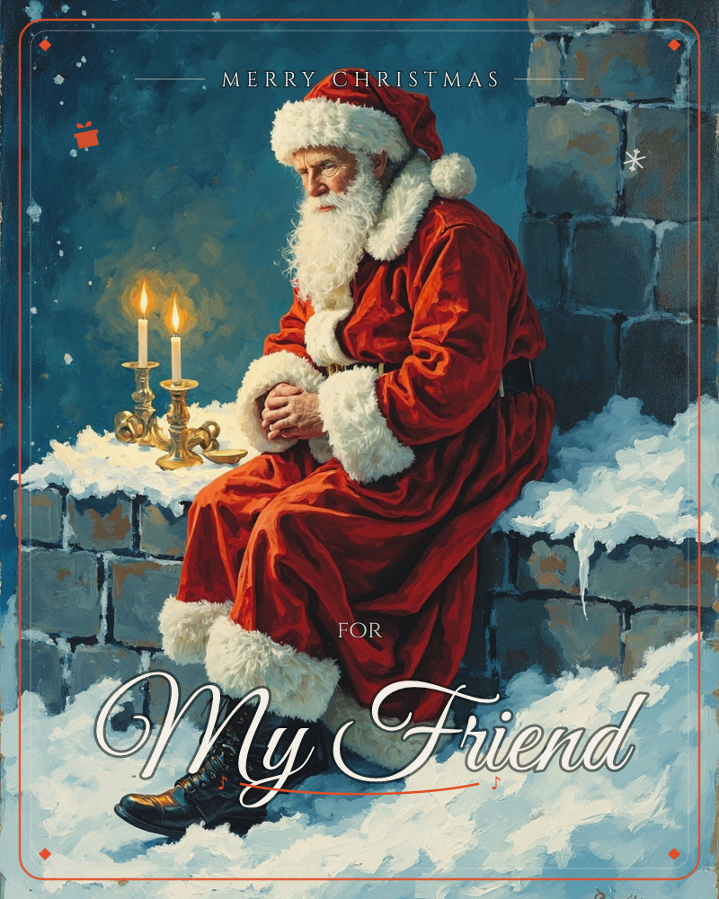 Santa sits resting on a snow-covered stone rooftop beside a chimney, his hands clasped and eyes closed as two golden candles flicker on a brass…, a christmas e-card design