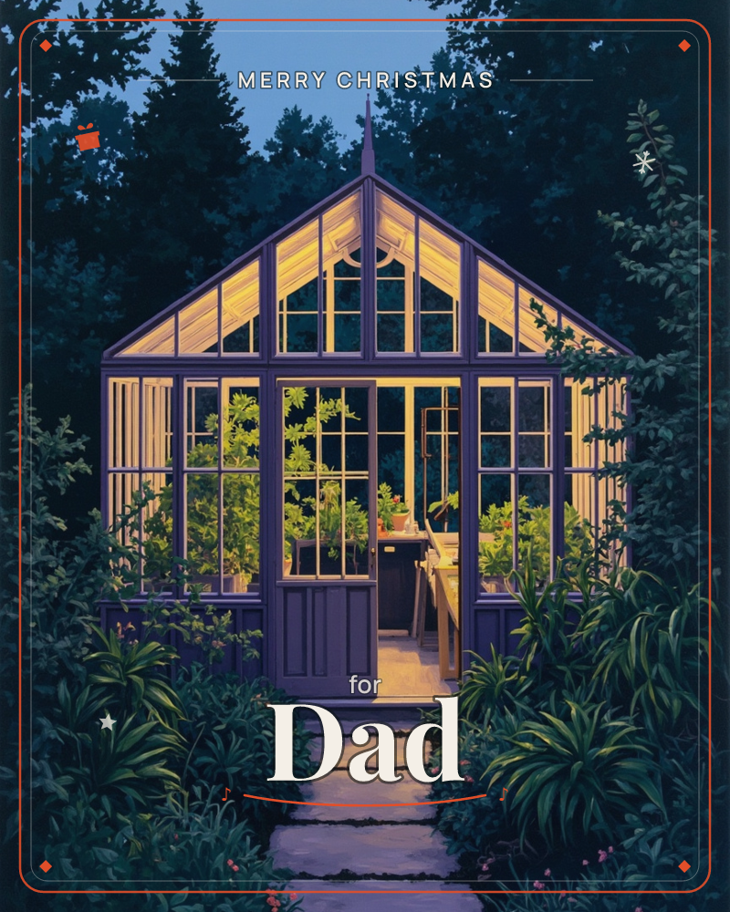 A glass greenhouse glows warmly from within, its panes lit gold against a deep blue dusk and a wall of dark trees behind, a christmas e-card design