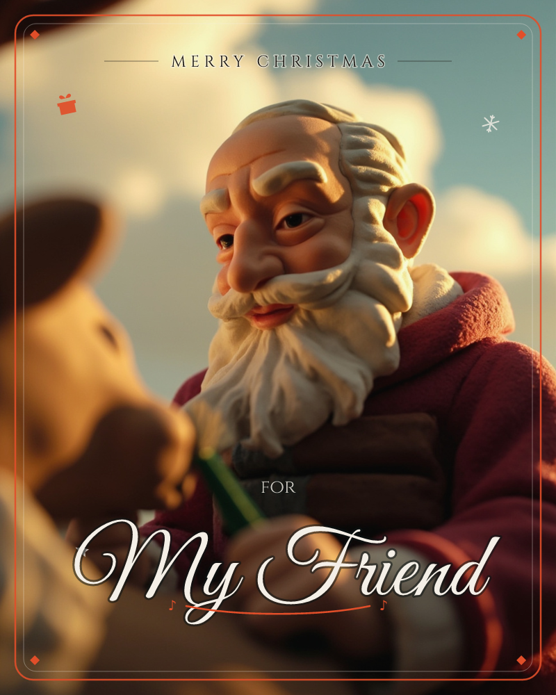A close-up figurine of Santa Claus glows in warm sunset light against a soft blue sky with billowing clouds, a christmas e-card design