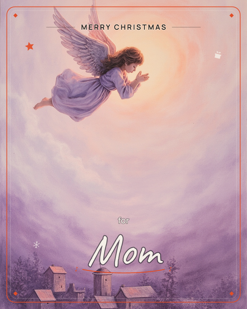 A winged child in a flowing lavender gown soars through a glowing, cloud-swirled sky above a darkened village of rooftops and steeples, a christmas e-card design