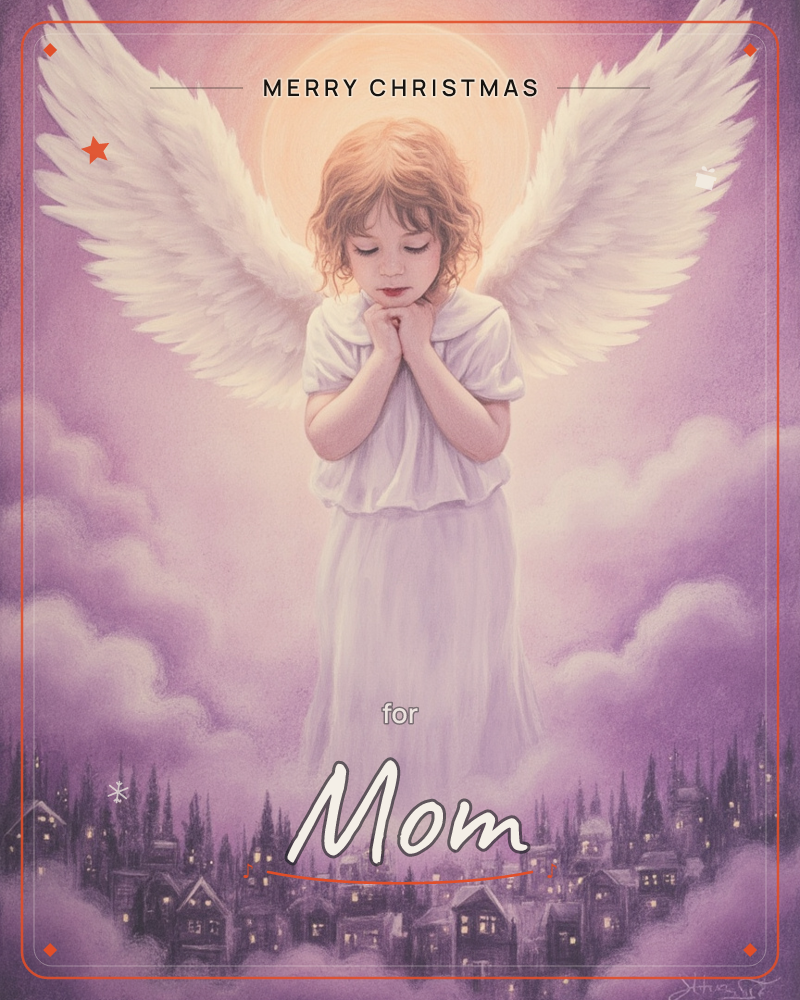 A child with large white feathered wings floats among violet clouds, hands folded in prayer beneath a soft glowing halo of golden light, a christmas e-card design