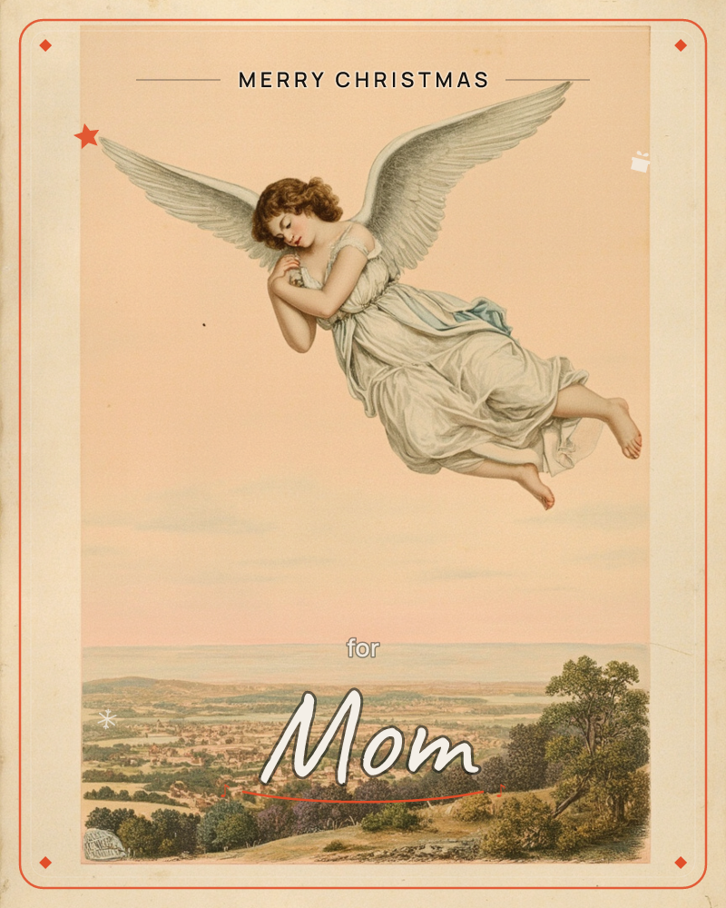A winged figure in flowing white and pale blue drapery glides barefoot through a soft peach-toned sky, hands clasped in quiet contemplation, eyes closed, a christmas e-card design
